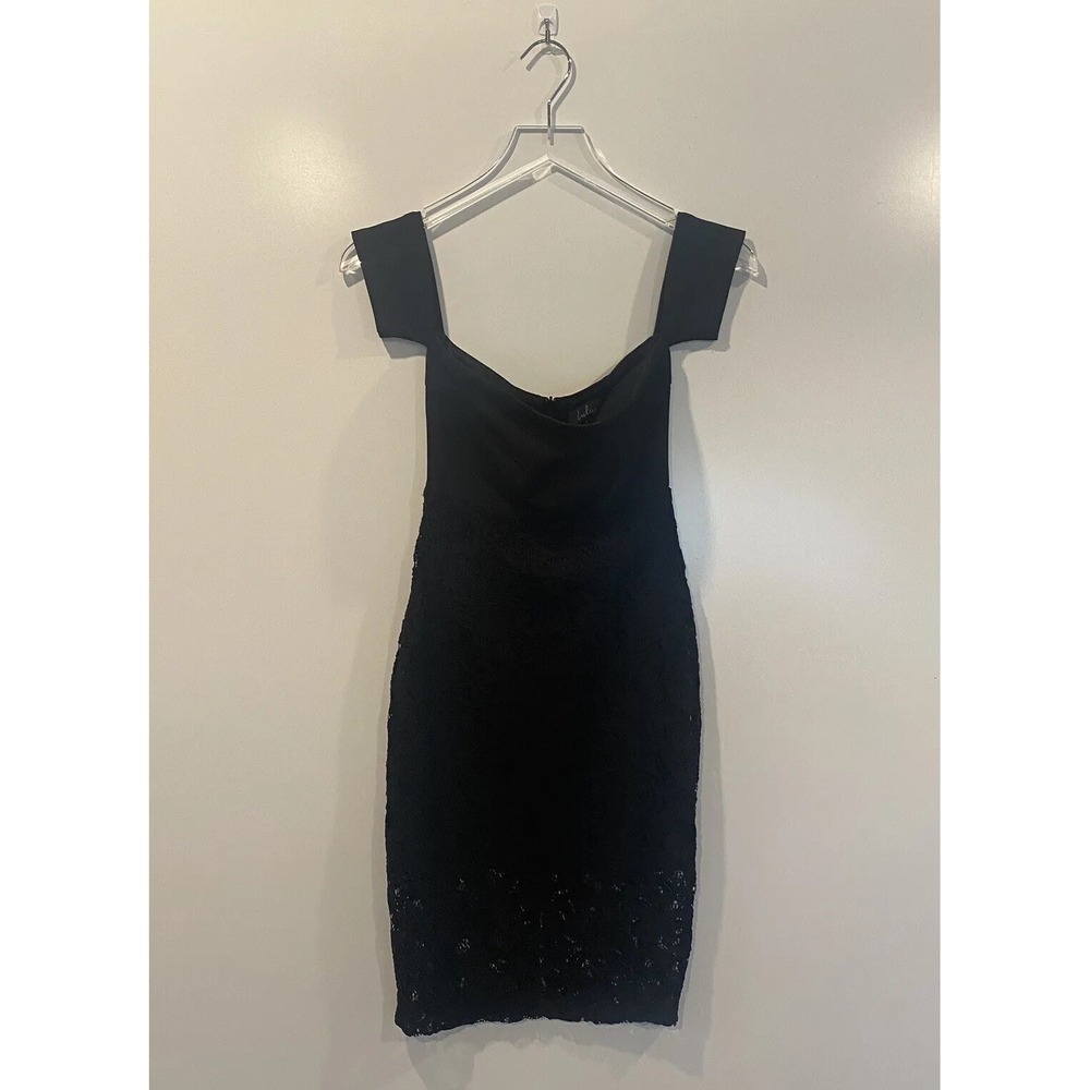 Lulus Black Lace Off The Shoulder Bodycon Dress Sheer Hem Cocktail Mini Dress - Picture 7 of 13